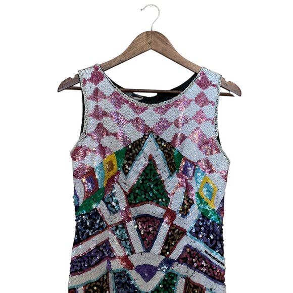 VTG Carina Dress Multicolor Sequin Geometric Sleeveless Mini Sz M Y2K Bodycon - Picture 3 of 16